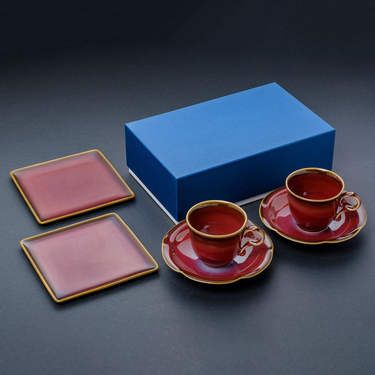 Shinsya Tenmoku Mugs & Square Plates (M) Pair Cafetime Set (Red)