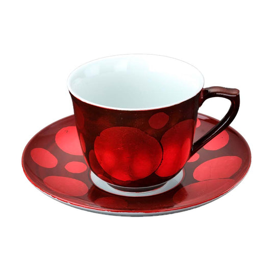 红色波尔卡圆点图案金襕手 咖啡杯盘