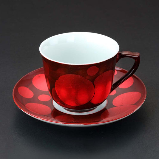 红色波尔卡圆点图案金襕手 咖啡杯盘