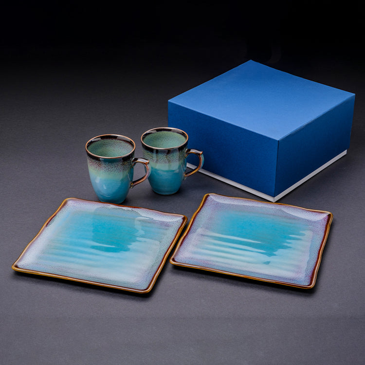 Shinsya Tenmoku Mugs & Square Plates (L) Pair Morning Set (Blue)