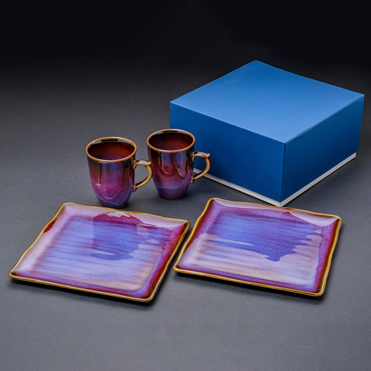 Shinsya Tenmoku Mugs & Square Plates (L) Pair Morning Set (Purple)