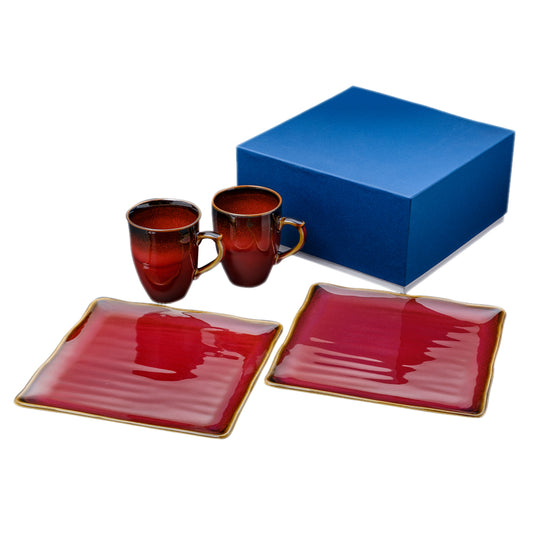 Shinsya Tenmoku Mugs & Square Plates (L) Pair Morning Set (Red)