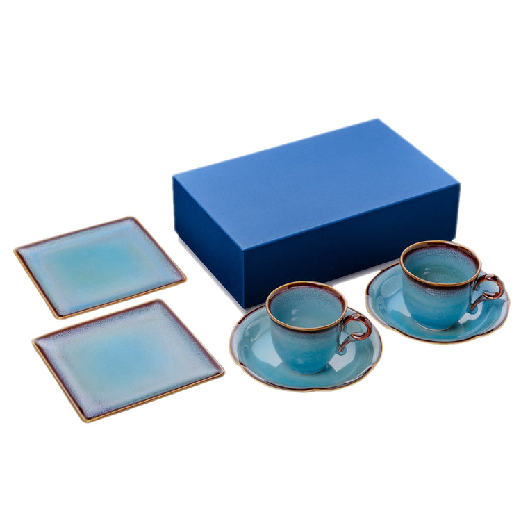 Shinsya Tenmoku Mugs & Square Plates (M) Pair Cafetime Set (Blue)