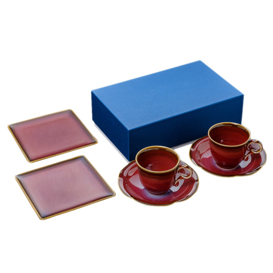 Shinsya Tenmoku Mugs & Square Plates (M) Pair Cafetime Set (Red)