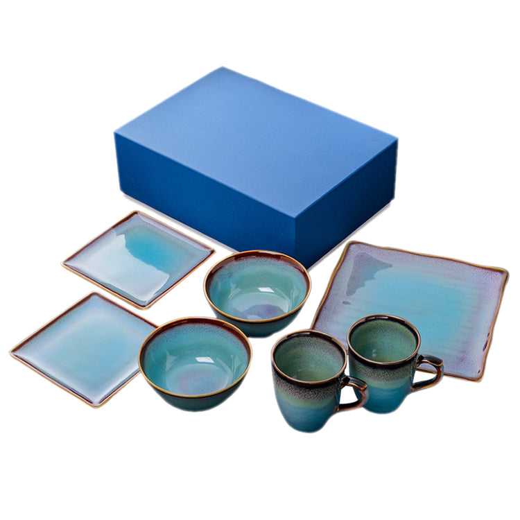 Shinsya Tenmoku Mugs & Square Plates & Soup Bowls Brunch Set (Blue)