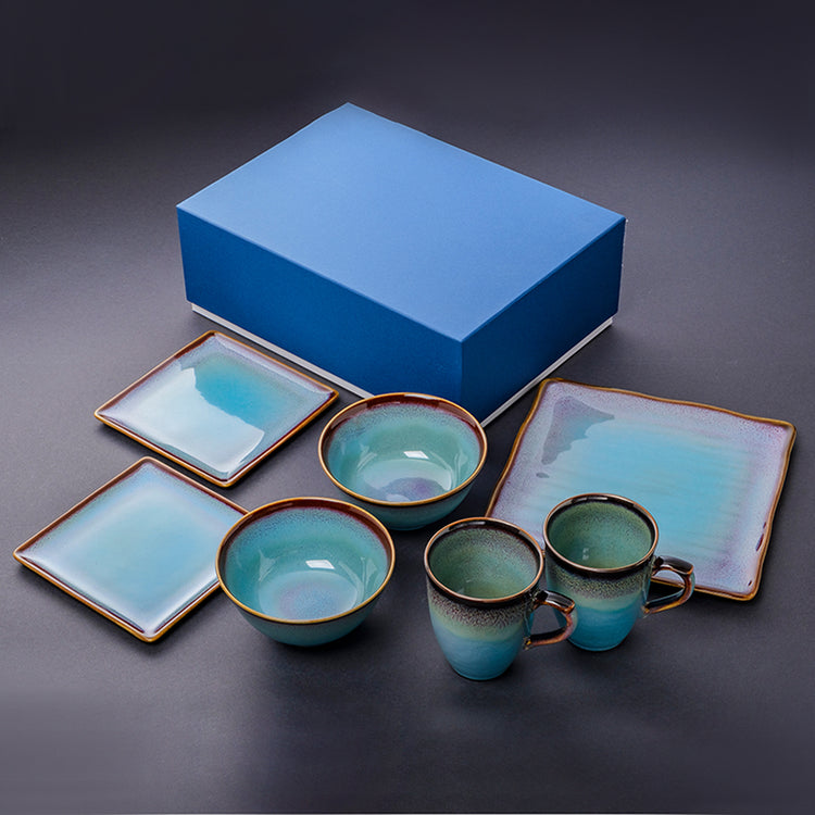 Shinsya Tenmoku Mugs & Square Plates & Soup Bowls Brunch Set (Blue)