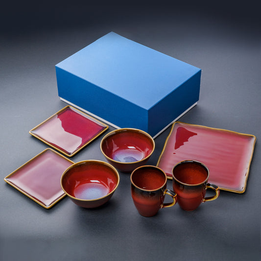 Shinsya Tenmoku Mugs & Square Plates & Soup Bowls Brunch Set (Red)