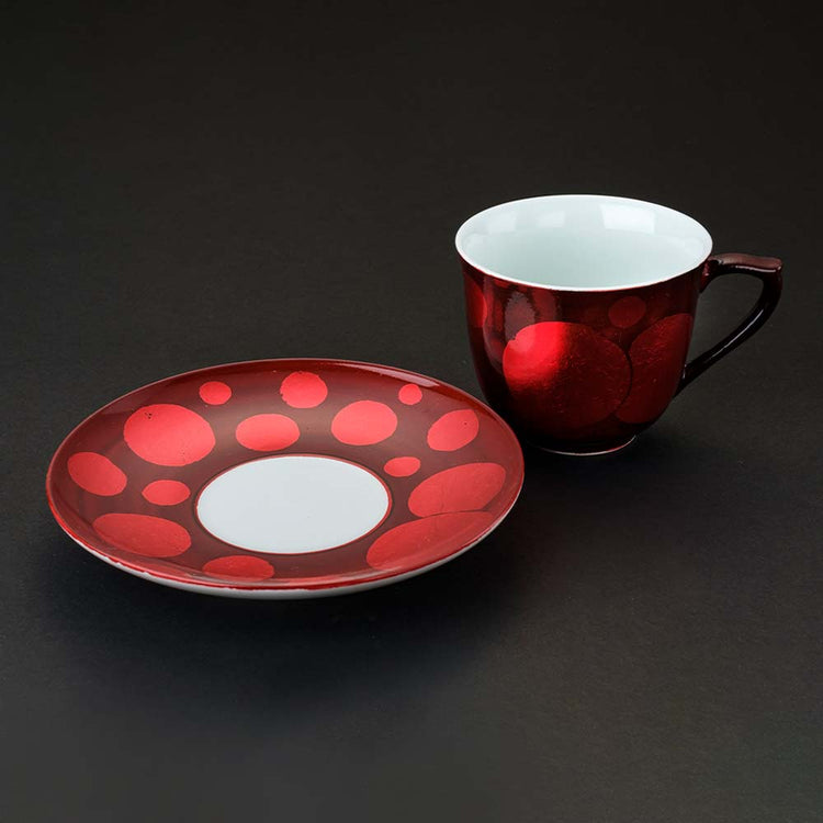 红色波尔卡圆点图案金襕手 咖啡杯盘
