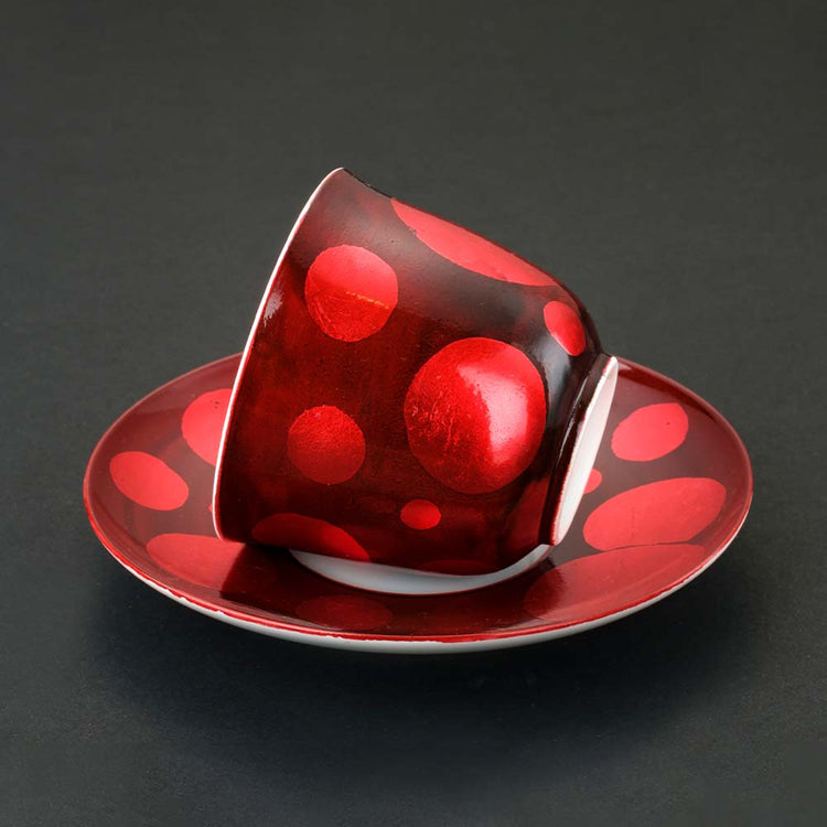红色波尔卡圆点图案金襕手 咖啡杯盘