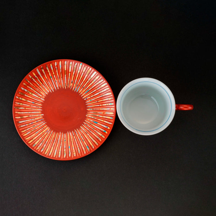 红色螺钿条纹金襕手 咖啡杯盘