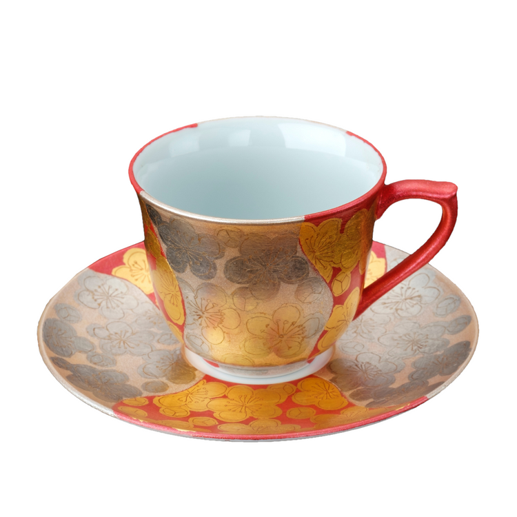 紅白梅金襕手　咖啡杯盘